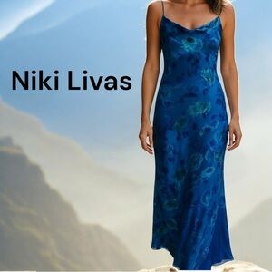 Niki Livas Vintage Blue Green Floral Velvet Sheer Deep V Back Sleeveless Dress